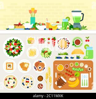 Vegetarian healthy breakfast vector illustration in flat design. Stock Vector