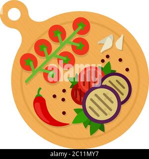 Grilled vegetable slices on wooden board vector icon flat isolated Stock Vector