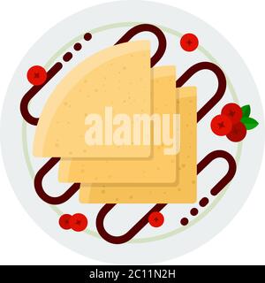 Pancakes with chocolate topping and berries vector icon flat isolated Stock Vector