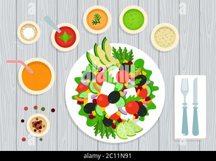 Vegetarian useful food vector illustration on wooden groundwork in flat design. Stock Vector