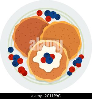 Three pancakes with berries on a plate vector icon flat isolated Stock Vector