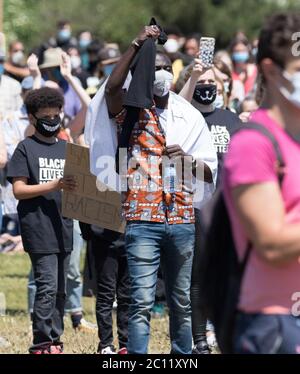 Princes Park, Eastbourne, East Sussex, UK. 13th June, 2020. Black Lives Matter protesters gathering to protest at the death of George Floyd in Minneapolis USA, and raise concerns at racial inequalities in the UK. Credit: Alan Fraser/Alamy Live News Stock Photo