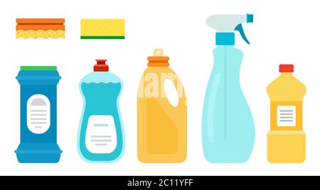 Detergents for unwashed dishes, kitchen vector illustration in flat design. Stock Vector