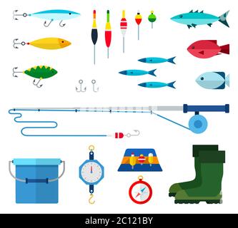 Set of fishing equipment and different types of fish vector illustration in  a flat design Stock Vector Image & Art - Alamy