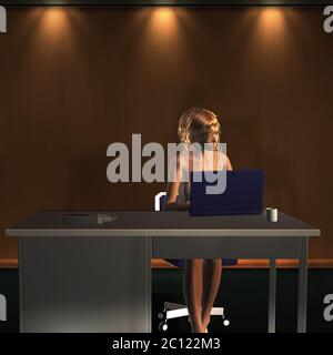 Digitally rendered woman work online from home, 3d illustration. Stock Photo