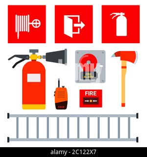 Set of fire fighting equipment and signs indicating their location vector illustration Stock Vector