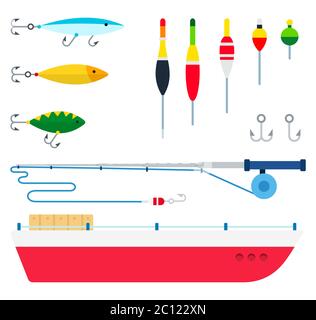 Illustration of various wobblers, floats, spinning and boat vector in a flat design. Stock Vector