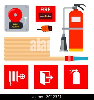 Set of equipment for fire alarm and extinguishing and signs of their location vector illustration Stock Vector