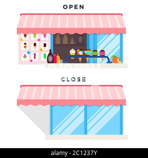 Ice cream shop with a sign open, closed vector illustration in a flat design. Stock Vector