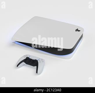 Japan - June 11, 2020. Presentation of a new product from Sony, wireless white console PlayStation 5 and gamepad on white background, game console. 3d Stock Photo