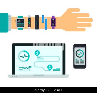 Smartphone and laptop with application and hand with different fitness trackers vector illustration Stock Vector