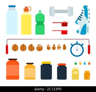 Set of cans, bottles with drinks, sports nutrition and sportsman outfit flat vector Illustration Stock Vector