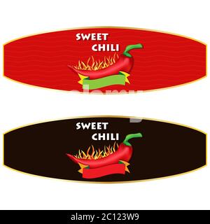 Sweet Chili Pepper sauce label design. Vector illustration. Stock Vector