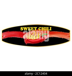 Sweet Chili Pepper sauce label design. Vector illustration. Stock Vector