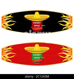 Sweet Chili Pepper sauce label design. Vector illustration. Stock Vector