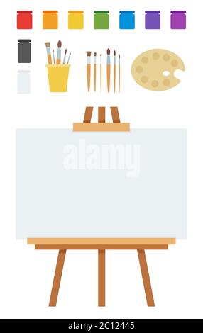 Floor easel with paints, brushes and a palette vector illustration in a flat design. Stock Vector