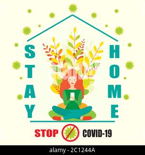 Coronavirus self quarantine vector concept. A young girl sits on the floor at home with a smaptphone in hand. Covid-19 virus outside the house. Messag Stock Vector