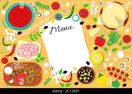 Menu list on the table with food ingredients. Vector illustration background. Stock Vector