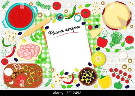 Pizza recipe list on the table with food ingredients. Vector illustration background. Stock Vector