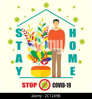 Coronavirus self quarantine vector concept. A man standing inside building. Covid-19 virus outside the house. Message stay at home. Stop from spreadin Stock Vector