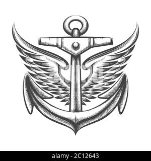Ship Anchor with Wings  drawn in Tattoo style. Vector Illustration Stock Vector