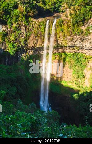 Aerial perspective of Chamarel Waterfall in the tropical jungle of Mauritius Stock Photo