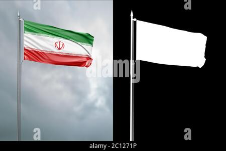 3d illustration of the state flag of the Islamic Republic of Iran moving in the wind at the flagpole in front of a cloudy sky with its alpha channel Stock Photo