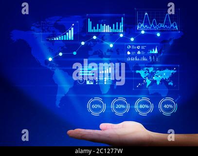 Hand Holding Holographic Screen With Business Information, Blue Background, Collage Stock Photo