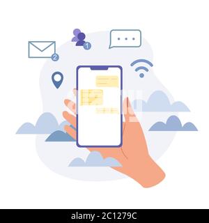 Female hand holding cell phone and chatting. Email, contacts, text message, network, navigation icons. Communication concept in blue colors Stock Vector