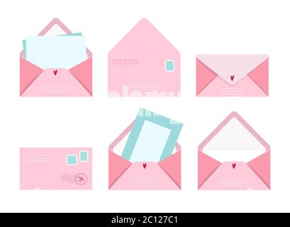 Post card and envelope set, vector illustration postal letters with greeting card and post stamps, cute pink collection of love Stock Vector