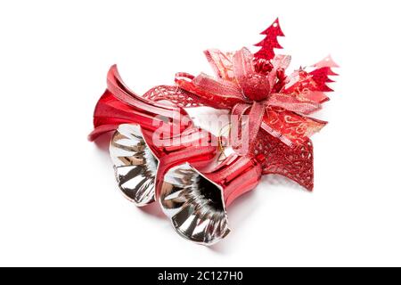 Red christmas bell decoration hanging on white Stock Photo