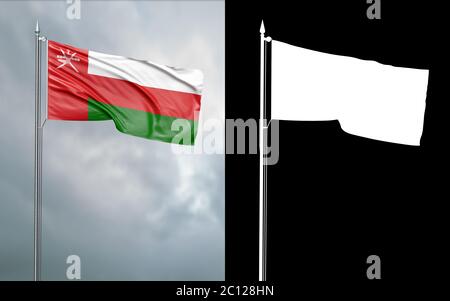 3d illustration of the state flag of the Sultanate of Oman moving in the wind at the flagpole in front of a cloudy sky with its alpha channel Stock Photo