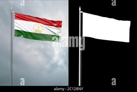 3d illustration of the state flag of the Republic of Tajikistan moving in the wind at the flagpole in front of a cloudy sky with its alpha channel Stock Photo