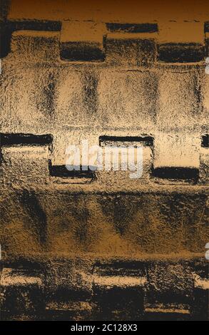 Distressed overlay texture of golden rusted peeled metal plate, tractor track, tank caterpillar tread. grunge background. abstract halftone vector ill Stock Vector