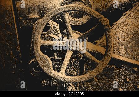 Distressed overlay texture of golden rusted peeled metal plate, tank elements, valve, faucet, ventil, crane. grunge background. abstract halftone vect Stock Vector