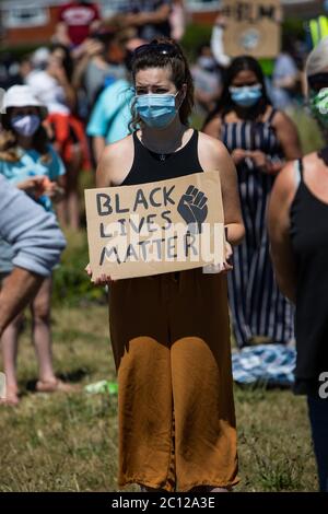 Eastbourne, East Sussex, UK – Saturday 13th June 2020 – Protesters gather in Princes Park  as part of the Black Lives Matter ( BLM )campaign. Stock Photo