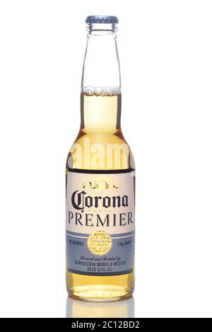 IRVINE, CALIFORNIA - 12 JUNE 2020: A single bottle of Corona Premier beer isolated on white with reflection. Stock Photo