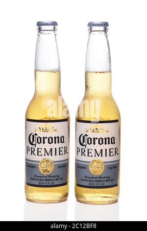 IRVINE, CALIFORNIA - 12 JUNE 2020: Two cold bottles of Corona Premier beer with condensation isolated on white with reflection. Stock Photo