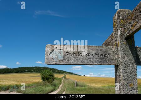 Public bridleway, wooden sign. Stock Photo