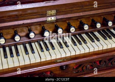 Close-up of antique reed organ harmonium Stock Photo