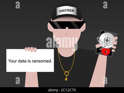 Hacker holds the hard disk locked. Show data ransom notice Stock Vector
