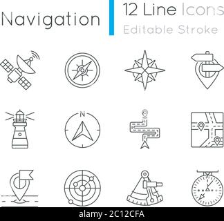 Navigation pixel perfect linear icons set Stock Vector