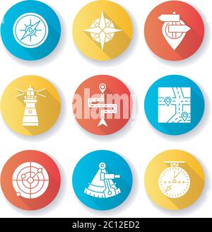 Navigation flat design long shadow glyph icons set Stock Vector