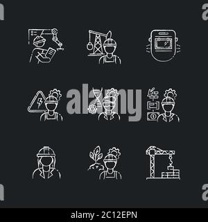 Professional worker chalk white icons set on black background Stock Vector