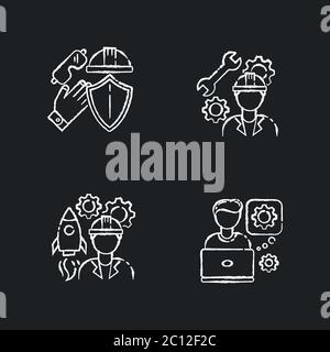 Engineer labor chalk white icons set on black background Stock Vector