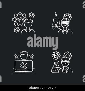 Engineer profession chalk white icons set on black background Stock Vector