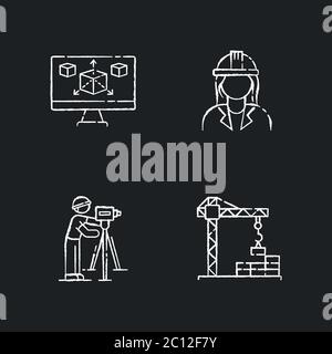 Construction building process chalk white icons set on black background Stock Vector