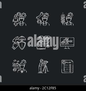 Industrial production worker chalk white icons set on black background Stock Vector