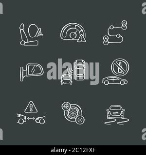Safe driving chalk white icons set on black background Stock Vector