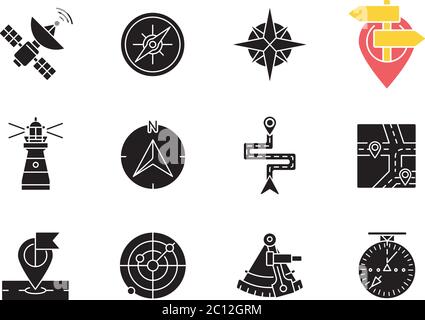 Navigation black glyph icons set on white space Stock Vector